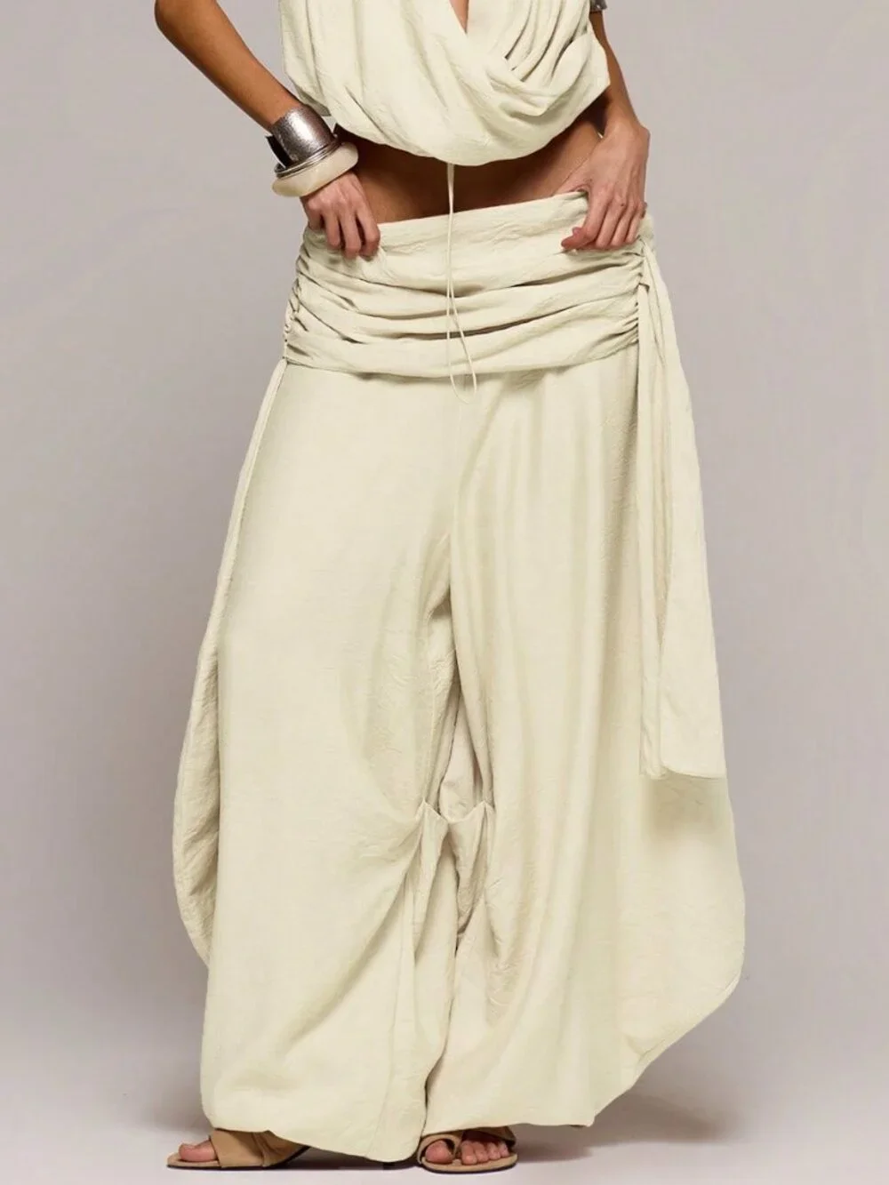 Cream Elegant Women's Low Rise Textured Wide Leg Trousers